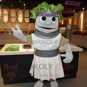 Gray Caesar Salad mascot costume character dressed with a A-Line Skirt and Gloves