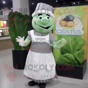 Gray Caesar Salad mascot costume character dressed with a A-Line Skirt and Gloves