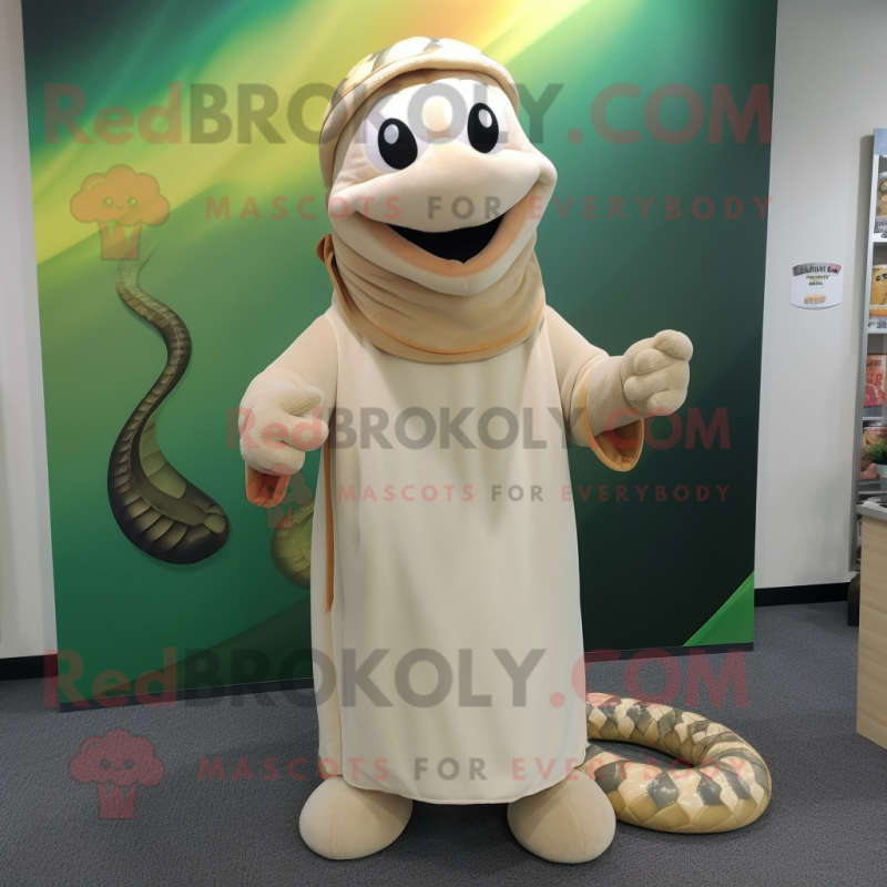 Cream Anaconda mascot costume character dressed with a Shift Dress and Beanies