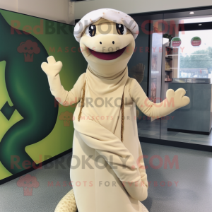 Cream Anaconda mascot costume character dressed with a Shift Dress and Beanies