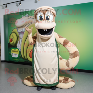 Cream Anaconda mascot costume character dressed with a Shift Dress and Beanies