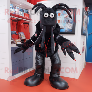 Black Lobster mascot costume character dressed with a Jacket and Shoe clips