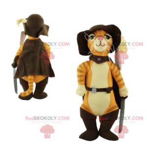 Mascote Gato de Botas muito elegante, com seu chapéu e espada -