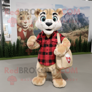 Cream Mountain Lion mascot costume character dressed with a Flannel Shirt and Tote bags