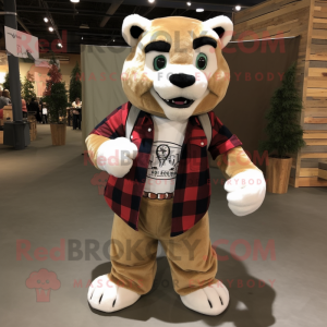 Cream Mountain Lion mascot costume character dressed with a Flannel Shirt and Tote bags