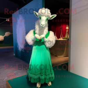 Green Angora Goat mascot costume character dressed with a Evening Gown and Caps
