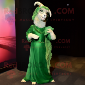 Green Angora Goat mascot costume character dressed with a Evening Gown and Caps