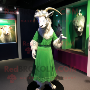 Green Angora Goat mascot costume character dressed with a Evening Gown and Caps