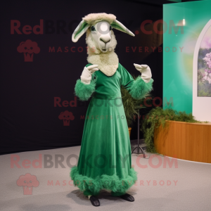 Green Angora Goat mascot costume character dressed with a Evening Gown and Caps
