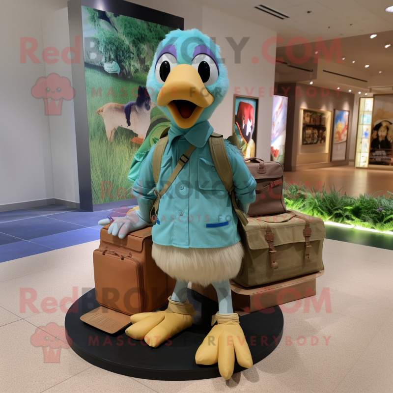 Cyan Gosling mascot costume character dressed with a Cargo Shorts and Shoe laces Cyan Gosling mascot costume character dressed with a Cargo Shorts and Shoe laces