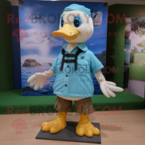 Cyan Gosling mascot costume character dressed with a Cargo Shorts and Shoe laces