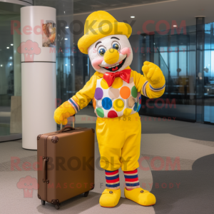Yellow Clown mascot costume character dressed with a Sweater and Briefcases