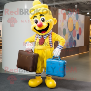 Yellow Clown mascot costume character dressed with a Sweater and Briefcases