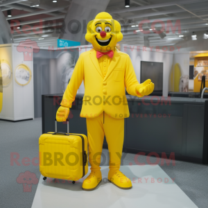 Yellow Clown mascot costume character dressed with a Sweater and Briefcases