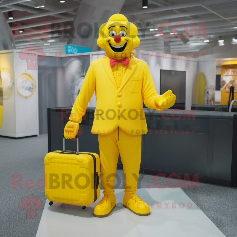 Yellow Clown mascot costume character dressed with a Sweater and Briefcases Yellow Clown mascot costume character dressed with a Sweater and Briefcases
