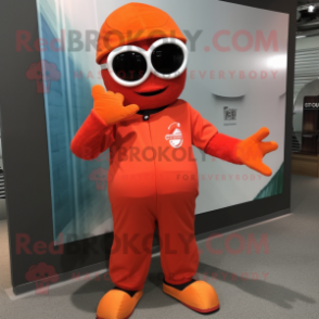 Red Orange mascot costume character dressed with a Jumpsuit and Eyeglasses