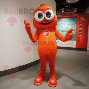 Red Orange mascot costume character dressed with a Jumpsuit and Eyeglasses