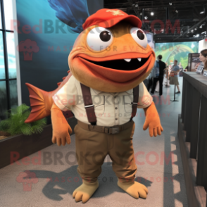 Rust Piranha mascot costume character dressed with a Dress Shirt and Suspenders