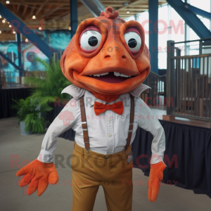 Rust Piranha mascot costume character dressed with a Dress Shirt and Suspenders