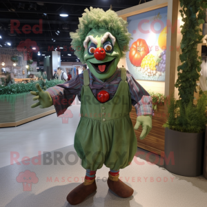Olive Evil Clown mascot costume character dressed with a Denim Shorts and Shawl pins