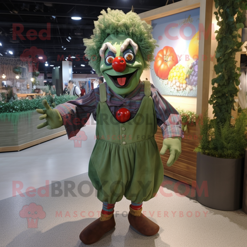 Olive Evil Clown mascot costume character dressed with a Denim Shorts and Shawl pins Olive Evil Clown mascot costume character dressed with a Denim Shorts and Shawl pins
