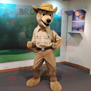 Tan Dingo mascot costume character dressed with a Chinos and Hat pins