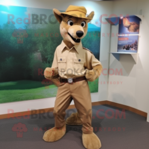 Tan Dingo mascot costume character dressed with a Chinos and Hat pins