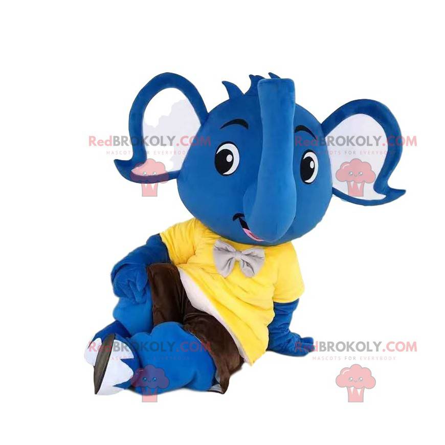Blauwe olifant mascotte met een geel t-shirt en een vlinderdas