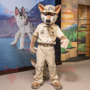 Tan Dingo mascot costume character dressed with a Chinos and Hat pins