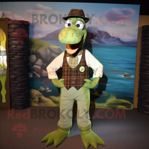 Olive Loch Ness Monster mascot costume character dressed with a Waistcoat and Suspenders
