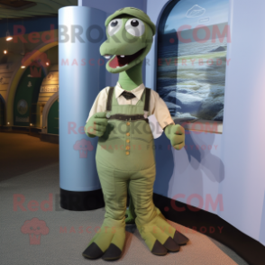 Olive Loch Ness Monster mascot costume character dressed with a Waistcoat and Suspenders