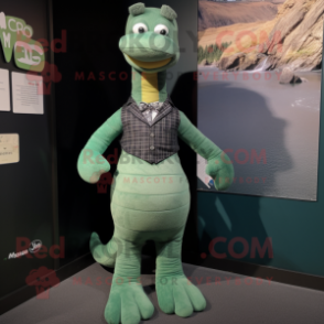 Olive Loch Ness Monster mascot costume character dressed with a Waistcoat and Suspenders