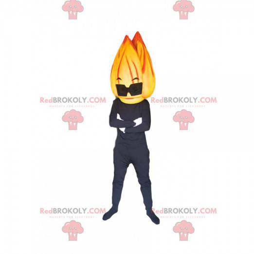 Mascotte de personnage noir avec une tête en forme de flamme -