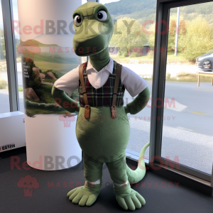 Olive Loch Ness Monster mascot costume character dressed with a Waistcoat and Suspenders
