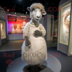 Gray Merino Sheep mascot costume character dressed with a Empire Waist Dress and Earrings