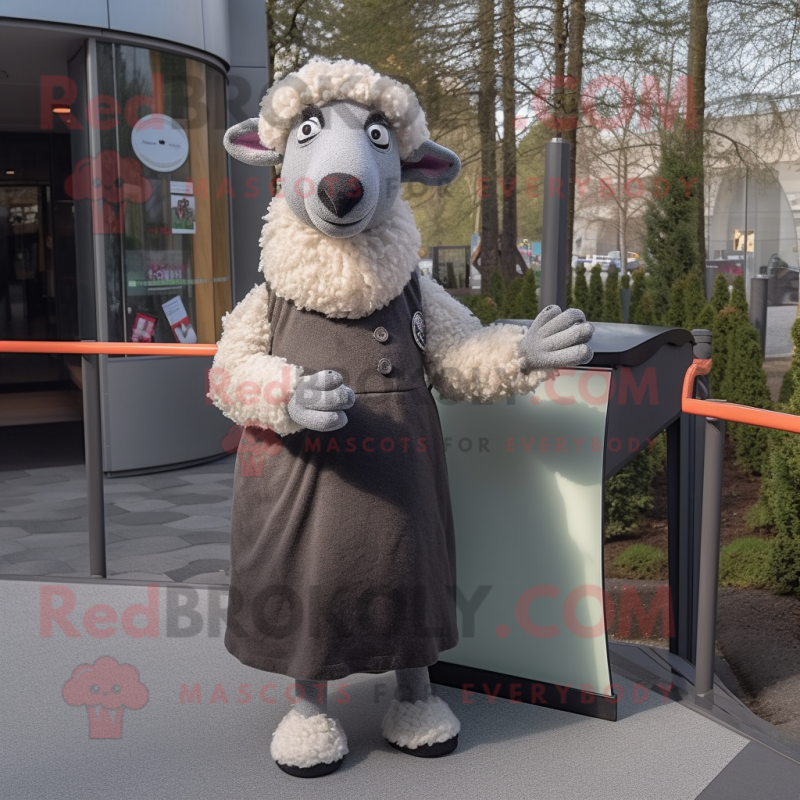 Gray Merino Sheep mascot costume character dressed with a Empire Waist Dress and Earrings