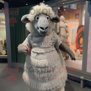Gray Merino Sheep mascot costume character dressed with a Empire Waist Dress and Earrings