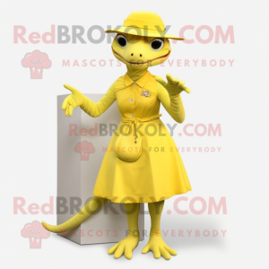 Lemon Yellow Lizard mascot costume character dressed with a Midi Dress and Berets