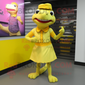 Lemon Yellow Lizard mascot costume character dressed with a Midi Dress and Berets