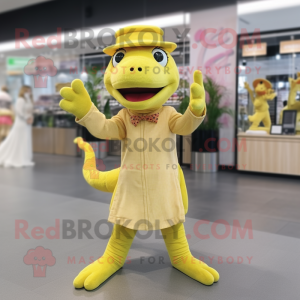 Lemon Yellow Lizard mascot costume character dressed with a Midi Dress and Berets