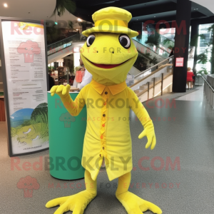 Lemon Yellow Lizard mascot costume character dressed with a Midi Dress and Berets