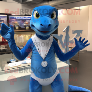 Blue Lizard mascot costume character dressed with a V-Neck Tee and Rings
