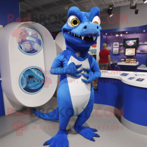 Blue Lizard mascot costume character dressed with a V-Neck Tee and Rings