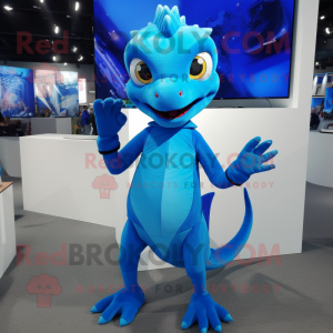 Blue Lizard mascot costume character dressed with a V-Neck Tee and Rings