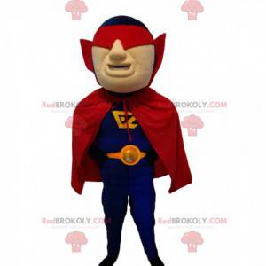 Mascota de superhéroe con una máscara roja y una capa. -
