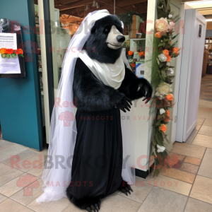 Black Sloth Bear mascot costume character dressed with a Wedding Dress and Scarf clips