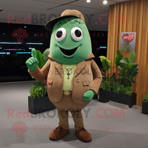 Brown Green Bean mascot costume character dressed with a Jacket and Cufflinks