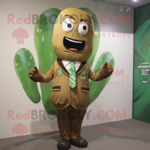 Brown Green Bean mascot costume character dressed with a Jacket and Cufflinks