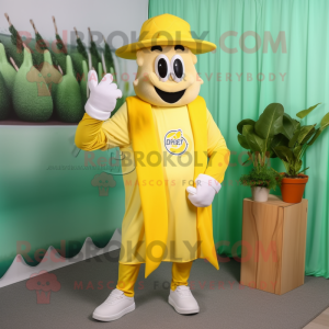 Lemon Yellow Beef Stroganoff mascot costume character dressed with a Joggers and Hat pins