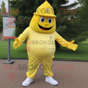 Lemon Yellow Beef Stroganoff mascot costume character dressed with a Joggers and Hat pins